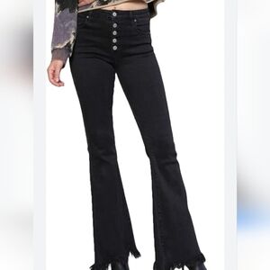 Insane Gene Button Down Wide Leg Frayed Hem Black Stretch Denim Pants 11, 29W